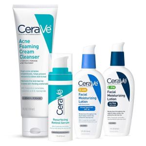 imageCeraVe Acne Skin Care Set 5oz Acne Foaming Cream Cleanser  1oz Resurfacing Retinol Serum  2oz AM Facial Moisturizing Lotion with SPF 30  2oz PM Facial Moisturizing Lotion
