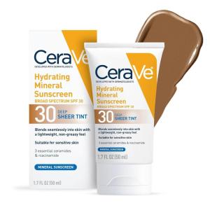 imageCeraVe Hydrating Mineral Sunscreen SPF 30 with Sheer Tint Tinted Mineral Sunscreen with Zinc Oxide ampamp Titanium Dioxide Blends Seamlessly For Healthy Glow Deep 17 OzDeep