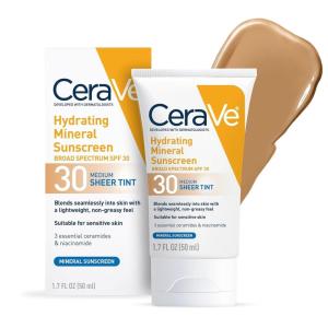 imageCeraVe Hydrating Mineral Sunscreen SPF 30 with Sheer Tint Tinted Mineral Sunscreen with Zinc Oxide ampamp Titanium Dioxide Blends Seamlessly For Healthy Glow Deep 17 OzMedium