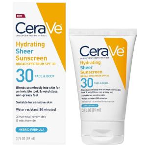 imageCeraVe Hydrating Sheer Sunscreen with SPF 30 for Face and Body Mineral ampamp Chemical Sunscreen for Men ampamp Women with Zinc Oxide Hyaluronic Acid and Ceramides ParabenFree  FragranceFree 3 Ounces3 Fl Oz Pack of 1