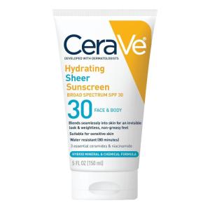 imageCeraVe Hydrating Sheer Sunscreen with SPF 30 for Face and Body Mineral ampamp Chemical Sunscreen for Men ampamp Women with Zinc Oxide Hyaluronic Acid and Ceramides ParabenFree  FragranceFree 3 Ounces5 Fl Oz Pack of 1